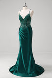 Robe longue de bal corset plissé à sequins sirène vert foncé avec lacets dans le dos