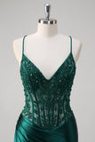 Robe longue de bal corset plissé à sequins sirène vert foncé avec lacets dans le dos