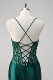 Robe longue de bal corset plissé à sequins sirène vert foncé avec lacets dans le dos