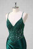 Robe longue de bal corset plissé à sequins sirène vert foncé avec lacets dans le dos