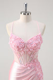 Robe de bal florale corset sirène rose avec fente