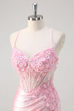 Robe de bal florale corset sirène rose avec fente