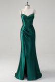 Robe de bal longue perlée scintillante vert foncé sirène corset avec fente