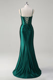 Robe de bal longue perlée scintillante vert foncé sirène corset avec fente