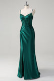 Robe de bal longue perlée scintillante vert foncé sirène corset avec fente