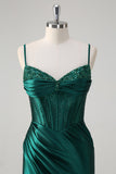 Robe de bal longue perlée scintillante vert foncé sirène corset avec fente