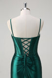 Robe de bal longue perlée scintillante vert foncé sirène corset avec fente