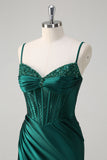 Robe de bal longue perlée scintillante vert foncé sirène corset avec fente