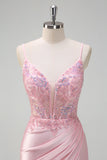 Paillettes scintillantes Robe de bal corset froncée rose clair sirène avec fente