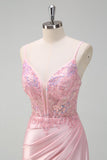 Paillettes scintillantes Robe de bal corset froncée rose clair sirène avec fente