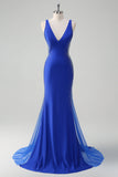 Robe de bal longue en satin perlé bleu royal scintillant sirène à col en V