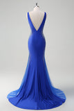 Robe de bal longue en satin perlé bleu royal scintillant sirène à col en V