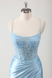 Robe de bal longue appliquée corset sirène bleue corset spaghetti