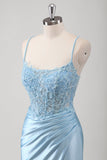 Robe de bal longue appliquée corset sirène bleue corset spaghetti