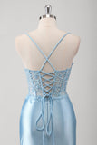 Robe de bal longue appliquée corset sirène bleue corset spaghetti