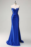 Bleu royal Sirène sans bretelles Corset Sequin Ruched Robe longue de bal avec fente