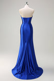 Bleu royal Sirène sans bretelles Corset Sequin Ruched Robe longue de bal avec fente