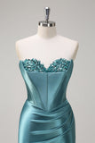 Bleu royal Sirène sans bretelles Corset Sequin Ruched Robe longue de bal avec fente