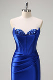 Bleu royal Sirène sans bretelles Corset Sequin Ruched Robe longue de bal avec fente