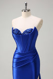 Bleu royal Sirène sans bretelles Corset Sequin Ruched Robe longue de bal avec fente