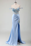 Bleu Ciel Sirène Hors Épaule Corset Robe Longue De Bal Avec Fente