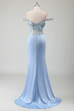 Bleu Ciel Sirène Hors Épaule Corset Robe Longue De Bal Avec Fente