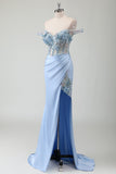 Bleu Ciel Sirène Hors Épaule Corset Robe Longue De Bal Avec Fente