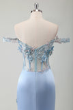 Bleu Ciel Sirène Hors Épaule Corset Robe Longue De Bal Avec Fente