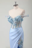 Bleu Ciel Sirène Hors Épaule Corset Robe Longue De Bal Avec Fente