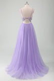 Tulle violet A-ligne bretelles spaghetti robe de bal longue dos ouvert avec appliques