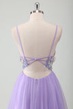 Tulle violet A-ligne bretelles spaghetti robe de bal longue dos ouvert avec appliques