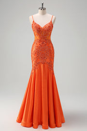 Robe de bal longue perlée sirène sirène orange à bretelles spaghetti