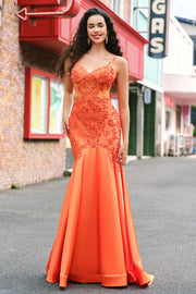 Robe de bal longue perlée corset corset sirène orange