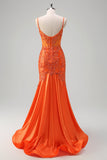 Robe de bal longue perlée sirène sirène orange à bretelles spaghetti