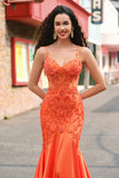 Robe de bal longue perlée corset corset sirène orange