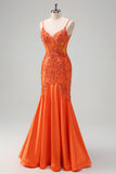 Robe de bal longue perlée sirène sirène orange à bretelles spaghetti