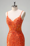 Robe de bal longue perlée sirène sirène orange à bretelles spaghetti