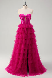 Mignon Fuchsia Sweetheart Trou de serrure Étagé Tulle Longue Princesse Robes de Bal Avec Fente