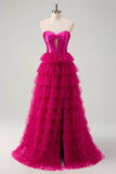 Princesse fuchsia Robe bustier sans bretelles découpées en tulle à plusieurs niveaux