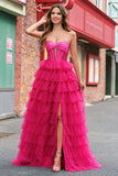 Princesse fuchsia Robe bustier sans bretelles découpées en tulle à plusieurs niveaux