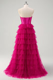 Princesse fuchsia Robe bustier sans bretelles découpées en tulle à plusieurs niveaux