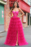 Princesse fuchsia Robe bustier sans bretelles découpées en tulle à plusieurs niveaux