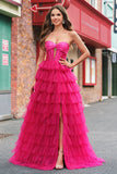 Princesse fuchsia Robe bustier sans bretelles découpées en tulle à plusieurs niveaux