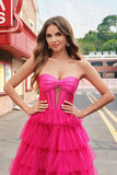 Princesse fuchsia Robe bustier sans bretelles découpées en tulle à plusieurs niveaux