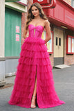 Princesse fuchsia Robe bustier sans bretelles découpées en tulle à plusieurs niveaux