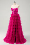 Mignon Fuchsia Sweetheart Trou de serrure Étagé Tulle Longue Princesse Robes de Bal Avec Fente