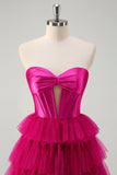 Mignon Fuchsia Sweetheart Trou de serrure Étagé Tulle Longue Princesse Robes de Bal Avec Fente