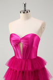 Mignon Fuchsia Sweetheart Trou de serrure Étagé Tulle Longue Princesse Robes de Bal Avec Fente