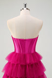 Mignon Fuchsia Sweetheart Trou de serrure Étagé Tulle Longue Princesse Robes de Bal Avec Fente