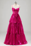 Brillant Une Ligne Corset Fuchsia Étagées Bretelles Spaghetti Robe De Bal Métallisée